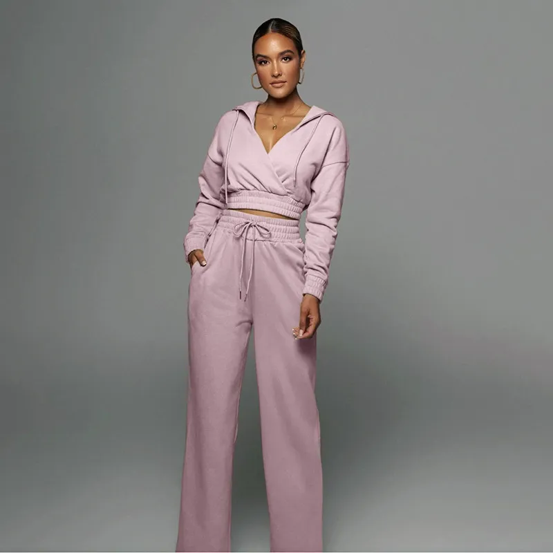 Women's Athleisure Casual Solid Color V Neck Crop Hoodie Slim-Fit Pants Set Autumn Winter