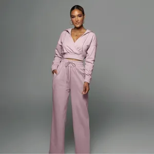 Women's Athleisure Casual Solid Color V Neck Crop Hoodie Slim-Fit Pants Set Autumn Winter