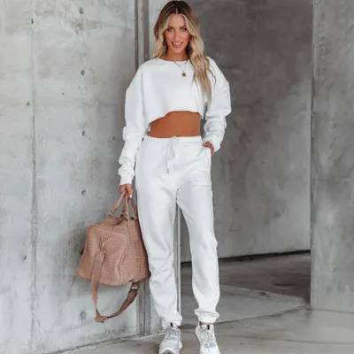 Women Athleisure Autumn And Winter Solid Color Crewneck Pullover Cropped Long-Sleeve Sweatshirt Casual Drawstring Pants Set