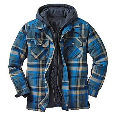 Western Men Autumn Winter Classic Plaid Cotton Long Sleeve Hooded Shirt Jacket