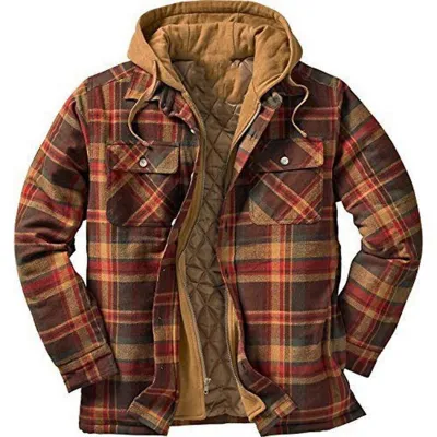 Western Men Autumn Winter Classic Plaid Cotton Long Sleeve Hooded Shirt Jacket