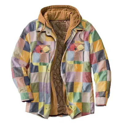 Western Men Autumn Winter Classic Plaid Cotton Long Sleeve Hooded Shirt Jacket