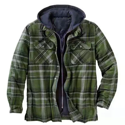 Western Men Autumn Winter Classic Plaid Cotton Long Sleeve Hooded Shirt Jacket