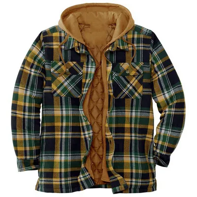 Western Men Autumn Winter Classic Plaid Cotton Long Sleeve Hooded Shirt Jacket