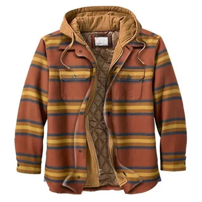 Western Men Autumn Winter Classic Plaid Cotton Long Sleeve Hooded Shirt Jacket