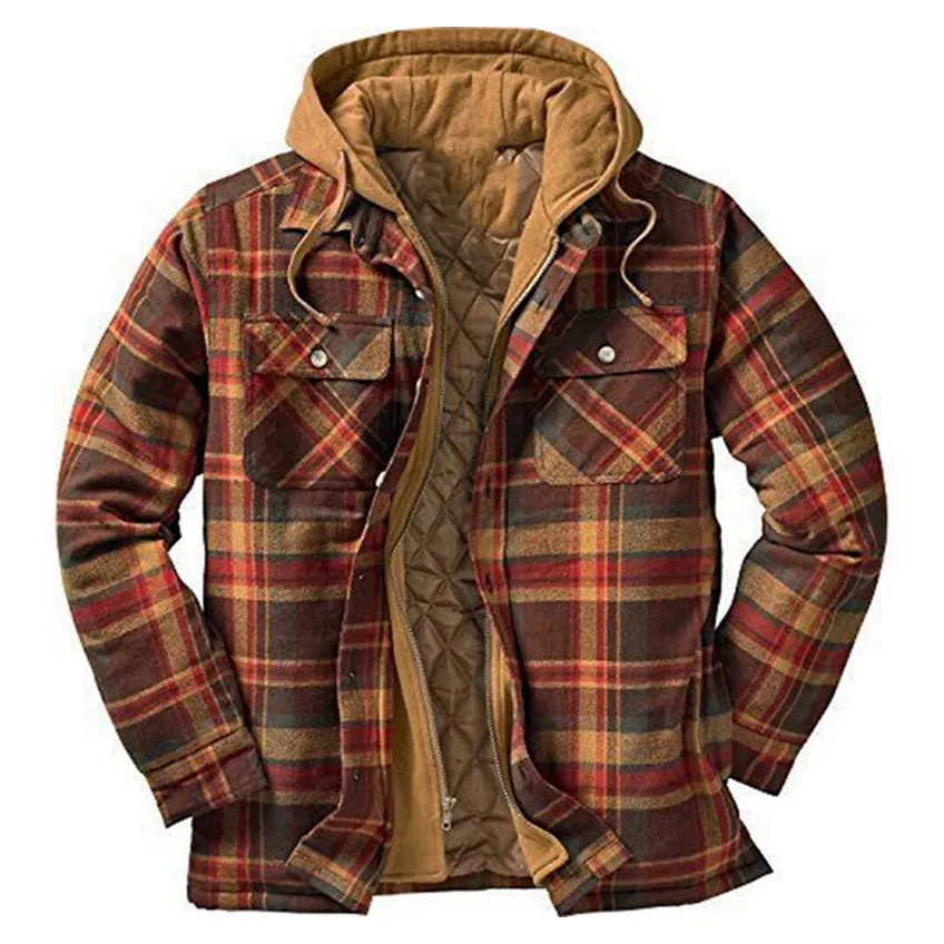 Western Men Autumn Winter Classic Plaid Cotton Long Sleeve Hooded Shirt Jacket