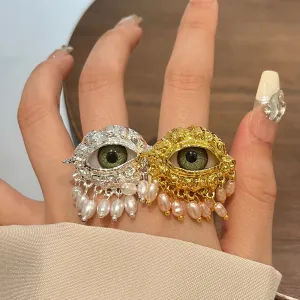 Vintage Personality Exaggerated Pearl Tassel Evil Eye Ring
