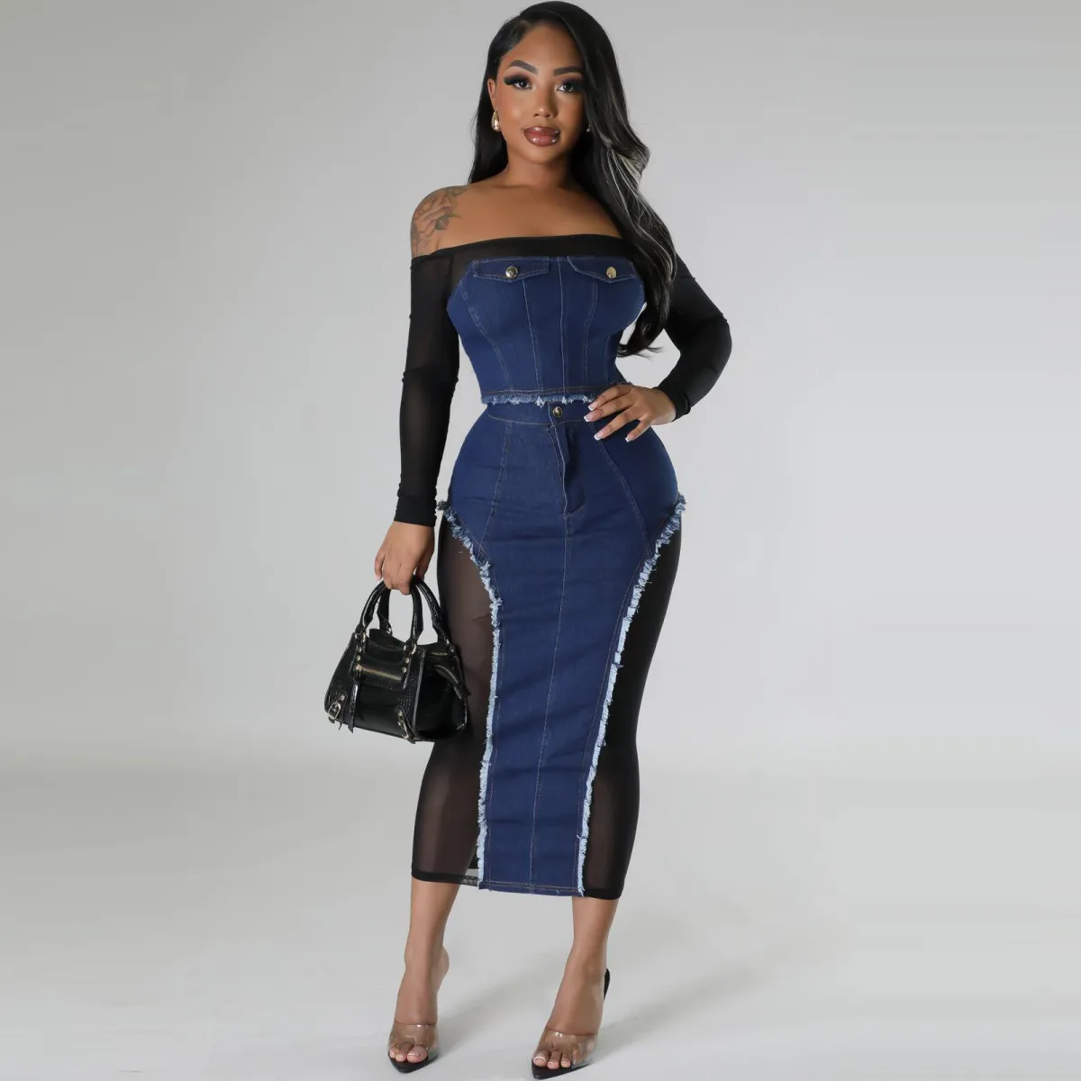Summer Women Fashion Off Shoulder Mesh Stitching Denim Long Sleeve Top Skirt Two-Piece Set