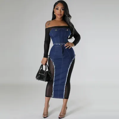 Summer Women Fashion Off Shoulder Mesh Stitching Denim Long Sleeve Top Skirt Two-Piece Set