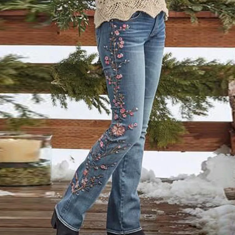 Women Fashion Retro High Waist Side Floral Embroidered Jeans