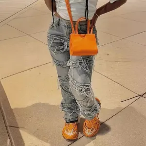Women Fashion Laminated Ripped Washed Tassel Straight Jeans