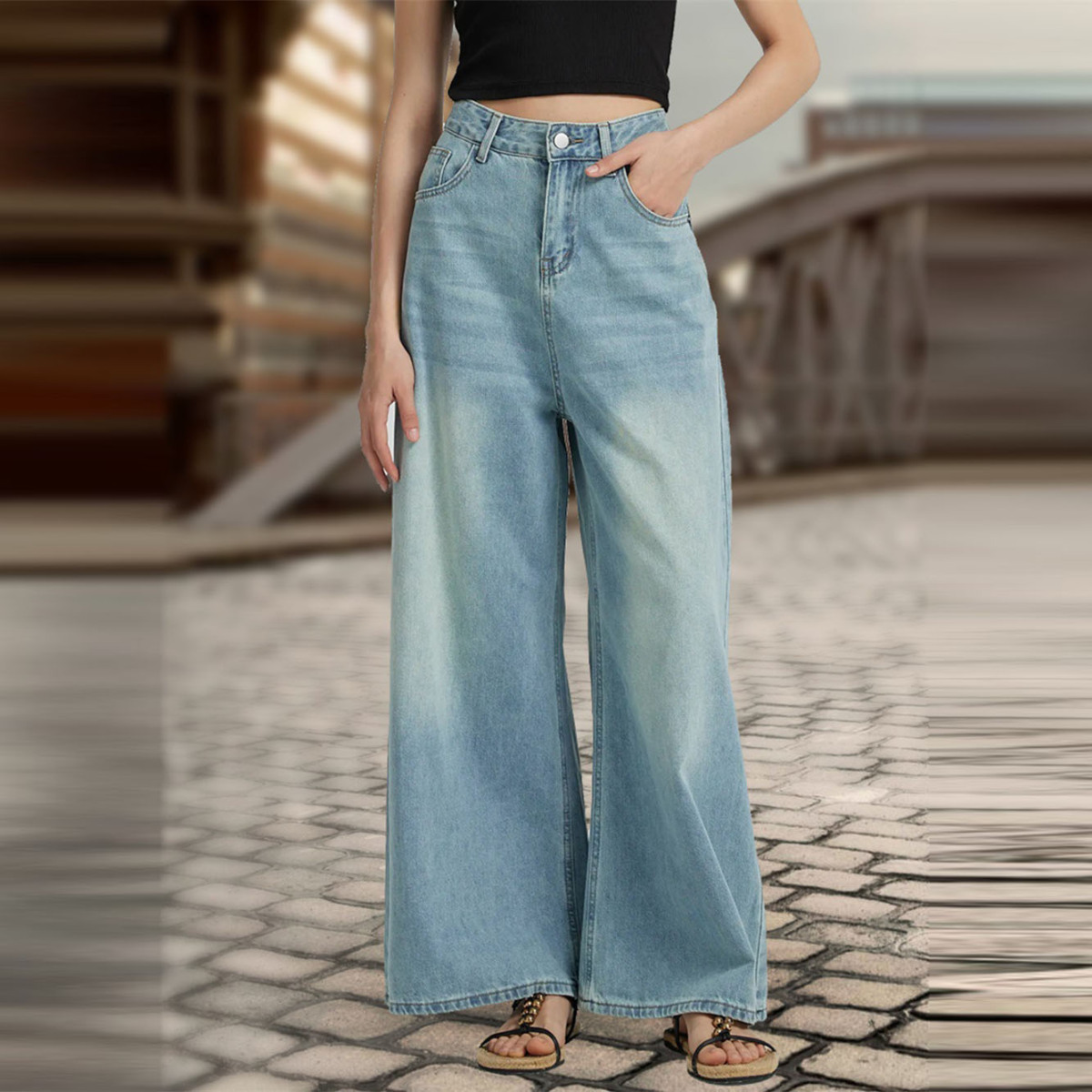 【HI FI FNK】Ten Siwa Wide Denim SHINFY Women's Wide Leg Baggy Jeans Y2k Tie Knot Patchwork