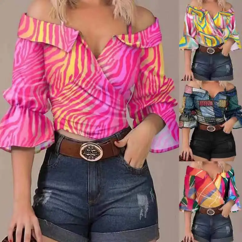 Summer Women Off Shoulder Sling Blouse Stripe Plaid Print