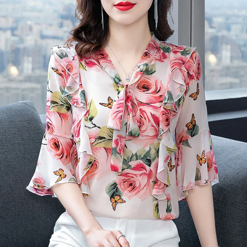 Women Casual Chiffon Floral Print Blouse