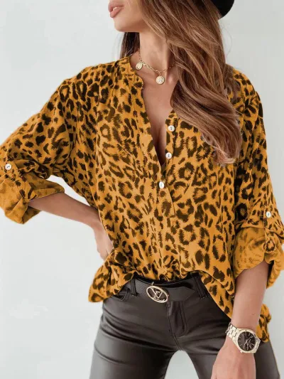 Women Fashion Loose Leopard Print Single Breasted Long Sleeve Cardigan