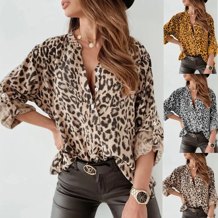 Women Fashion Loose Leopard Print Single Breasted Long Sleeve Cardigan