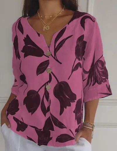 Women Casual V-Neck Floral Print Linen Shirt