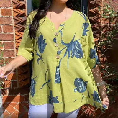 Women Casual V-Neck Floral Print Linen Shirt