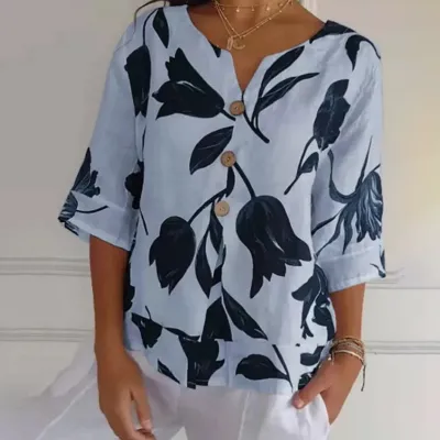 Women Casual V-Neck Floral Print Linen Shirt
