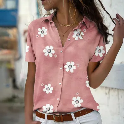Summer Women Floral Print Lapel Long Sleeve Blouse