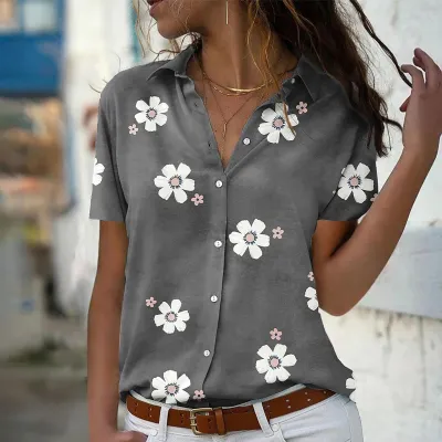 Summer Women Floral Print Lapel Long Sleeve Blouse