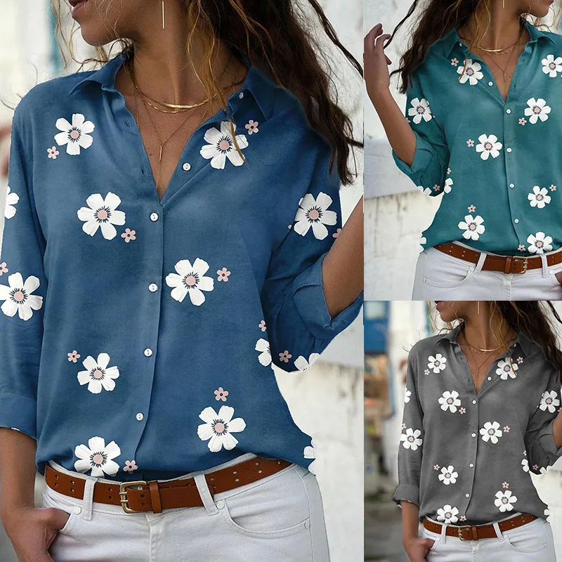 Summer Women Floral Print Lapel Long Sleeve Blouse