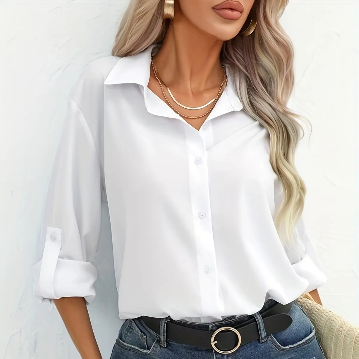 Women Slim-Fit Casual Cardigan Shirt Solid Color