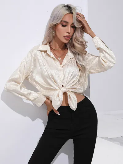 Women Leopard Satin Silk Long Sleeve Blouse Urban Style