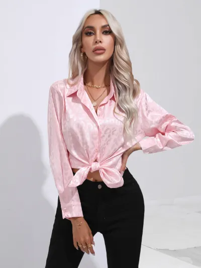 Women Leopard Satin Silk Long Sleeve Blouse Urban Style