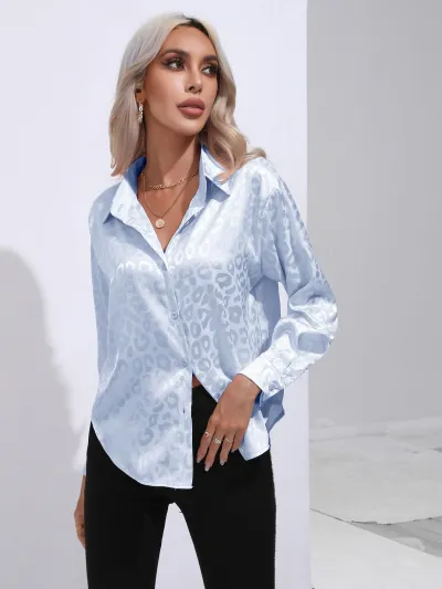 Women Leopard Satin Silk Long Sleeve Blouse Urban Style