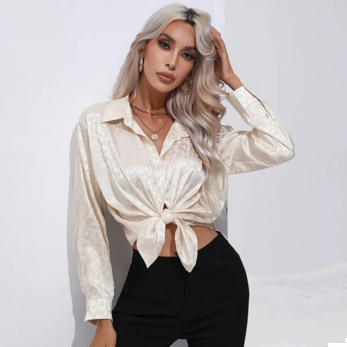 Women Leopard Satin Silk Long Sleeve Blouse Urban Style