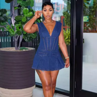 Women'S Mini Denim Pleated Skirt Dress Sleeveless High Waist Street Style