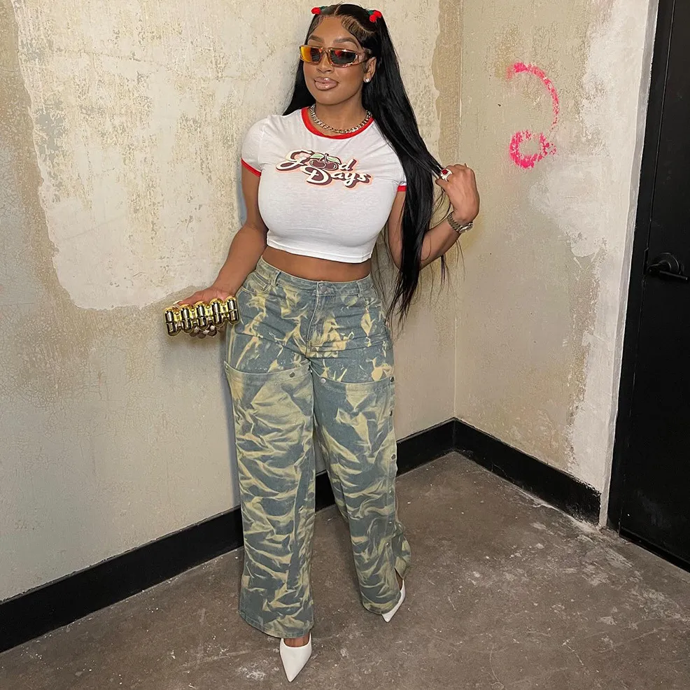 Women Street Fashion Printed Detachable Jeans - Denim Wide Leg Pants