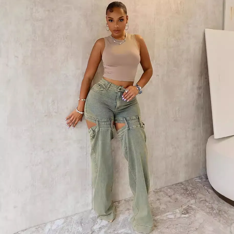 Women Street Fashion Vintage Hollow Straight Jeans
