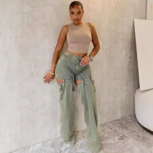 Women Street Fashion Vintage Hollow Straight Jeans