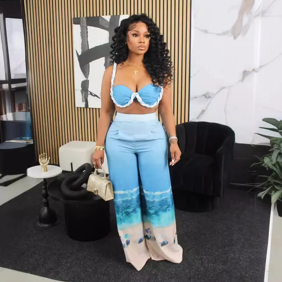 Women Sexy Sling Top And Wide-Leg Two-Piece Set