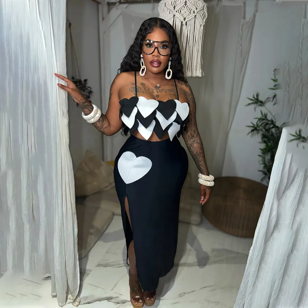 Women Sexy Heart Strap Top And Side Slit Skirt Two-Piece Set