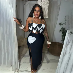 Women Sexy Heart Strap Top And Side Slit Skirt Two-Piece Set