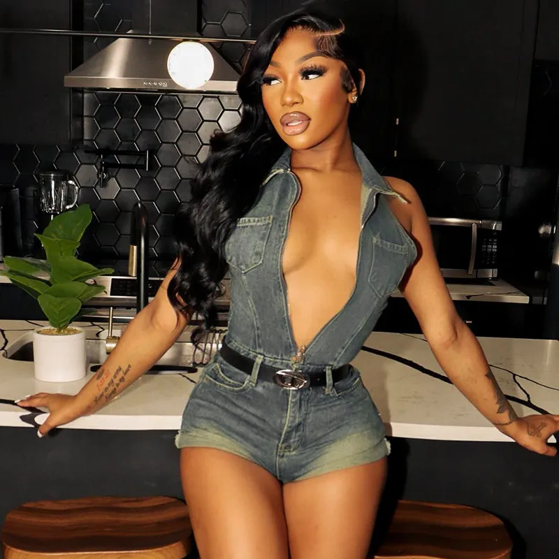 Summer Women Fashion Halter Neck Backless Lapel Zipper Denim Rompers