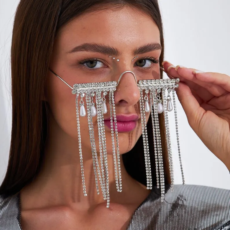 Women's Fashion Diamond Tassel Geometric Glasses Frame Sunglasses