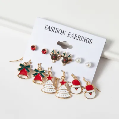 Christmas Snowman Earrings 6 Piece Set - Heart Bow Alloy Holiday Jewelry