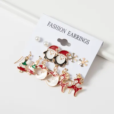 Christmas Snowman Earrings 6 Piece Set - Heart Bow Alloy Holiday Jewelry