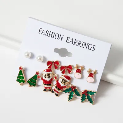 Christmas Snowman Earrings 6 Piece Set - Heart Bow Alloy Holiday Jewelry