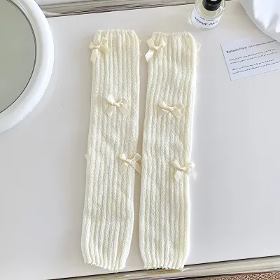 Women's Fashion Bow Vertical Strip Knee High Cotton Socks