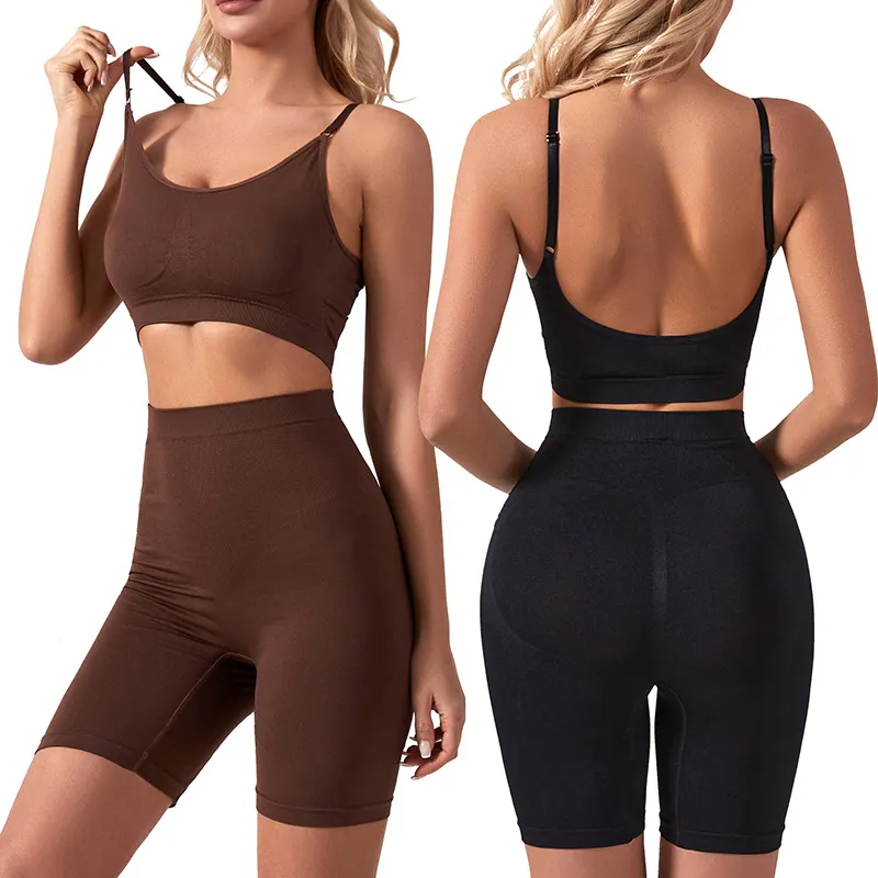 Women French Style Sports Bra High Waist Yoga Pants Two-Piece Set