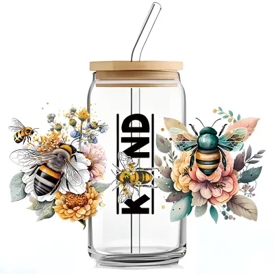 Simple Fashion Floral Butterfly Bee UV Transfer Transparent Glass Sticker for Cup Home Kitchen Decoration
