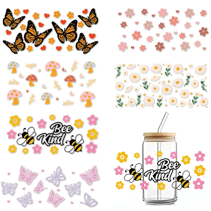 Simple Fashion Floral Butterfly Bee UV Transfer Transparent Glass Sticker for Cup Home Kitchen Decoration