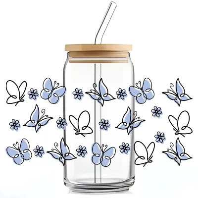 Floral Butterfly UV Transfer Transparent Glass Cup Stickers for Home Kitchen