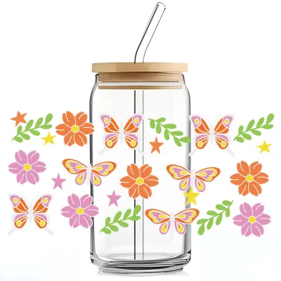 Floral Butterfly UV Transfer Transparent Glass Cup Stickers for Home Kitchen