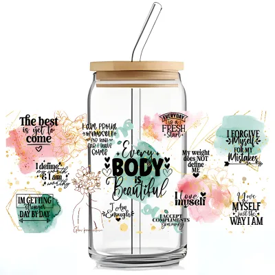 Simple Cartoon Letter Floral Leaves UV Transfer Transparent Glass Sticker for Cup Home Kitchen Decoration